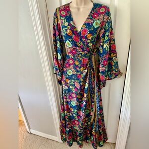 Raga Resort Floral Wrap Maxi Dress in Teal Pink & Yellow Blooms size S